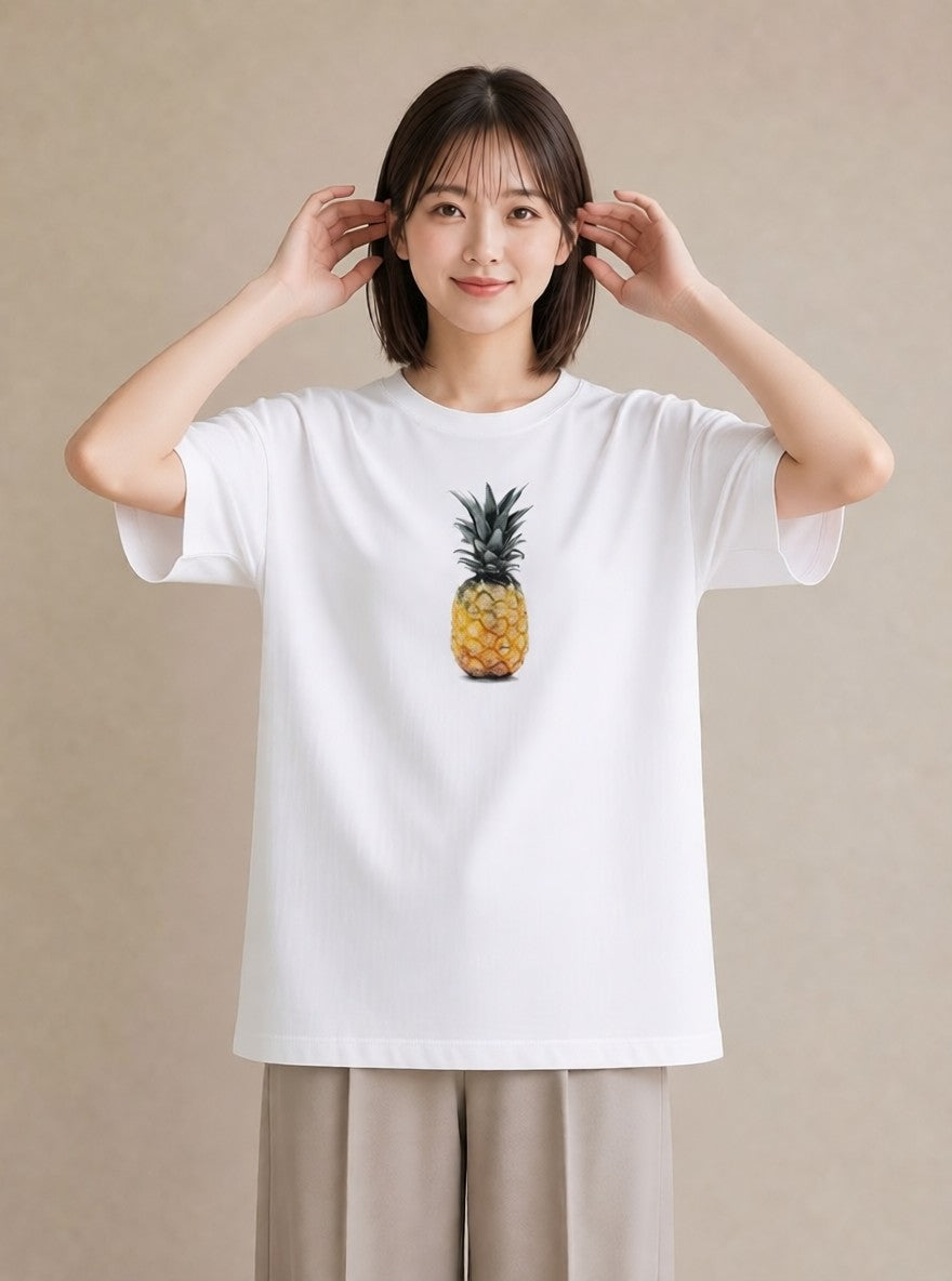 半袖Tシャツ レディース パイナップル 食べ物 フード イラスト ゆるかわ 社会人 女性 白T