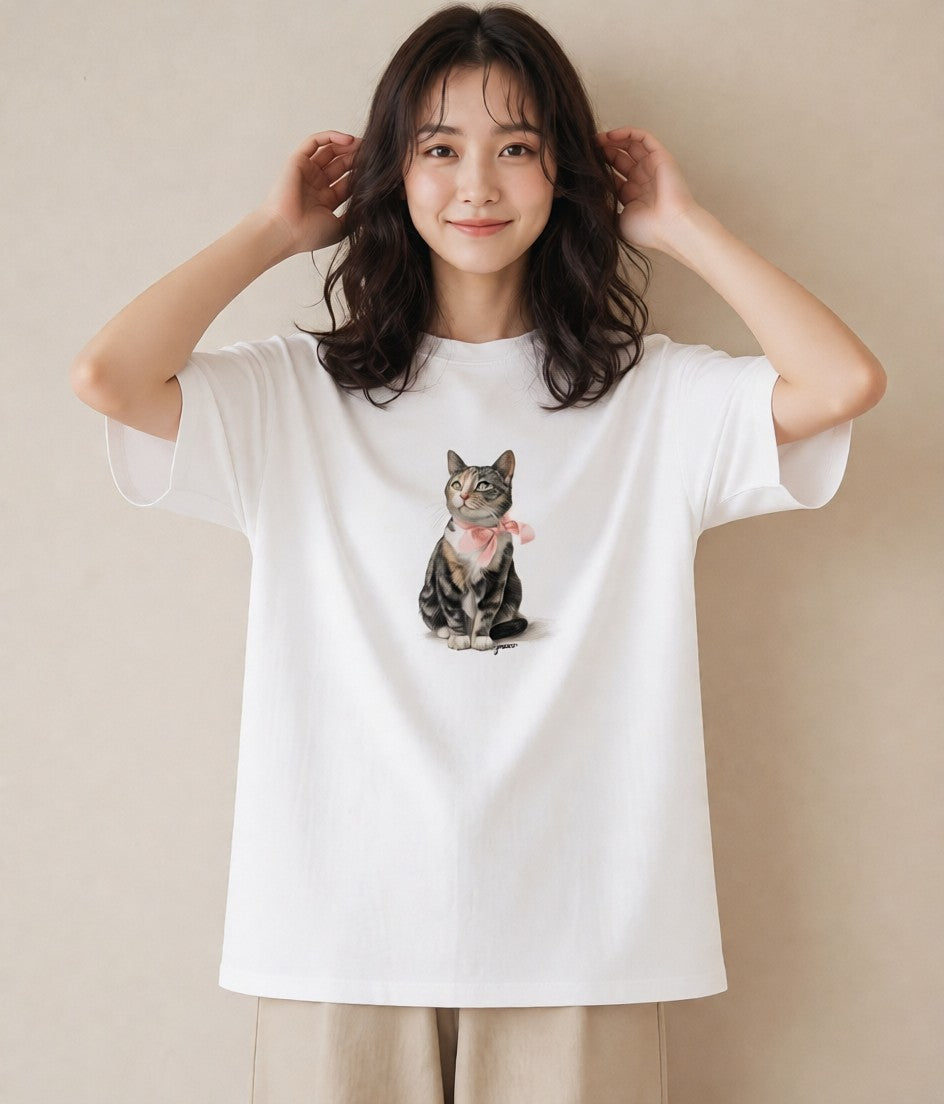半袖Tシャツ レディース 猫 ねこ イラスト アート風 部屋着 女性向けギフト 白T