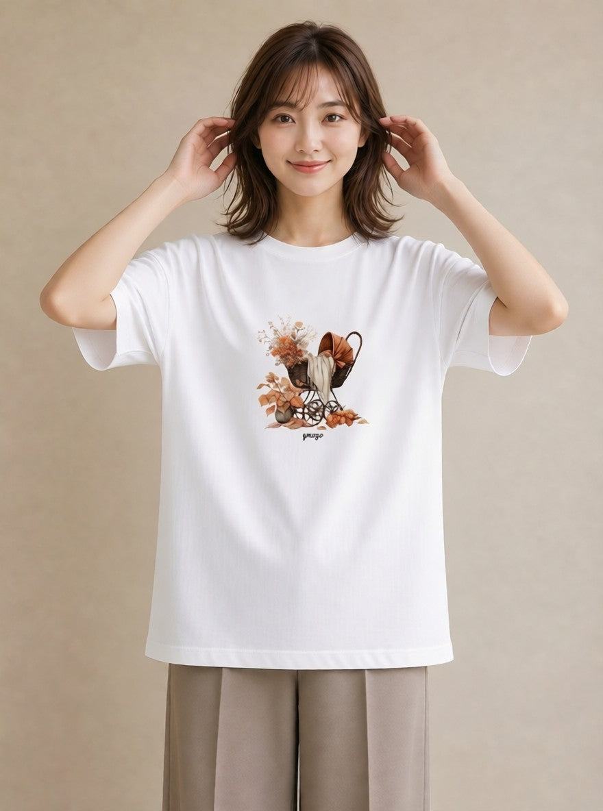 グラフィックTシャツ レディース 自転車のかご 自転車 花かご ナチュラル アンティーク イラスト 上品 女性向けギフト 散歩 白T