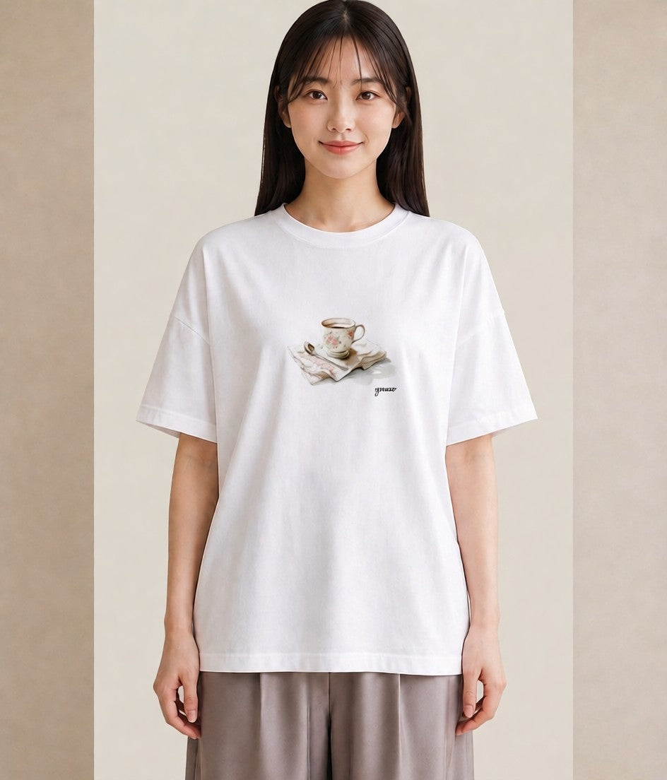 半袖Tシャツ レディース エスプレッソ 食べ物 フード イラスト 淡色 カジュアルコーデ 買い物 白T