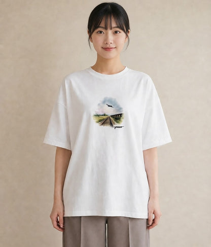 デザインTシャツ レディース 駅のホーム ローカル線 駅 ナチュラル アンティーク イラスト シック カジュアルコーデ 買い物 白T