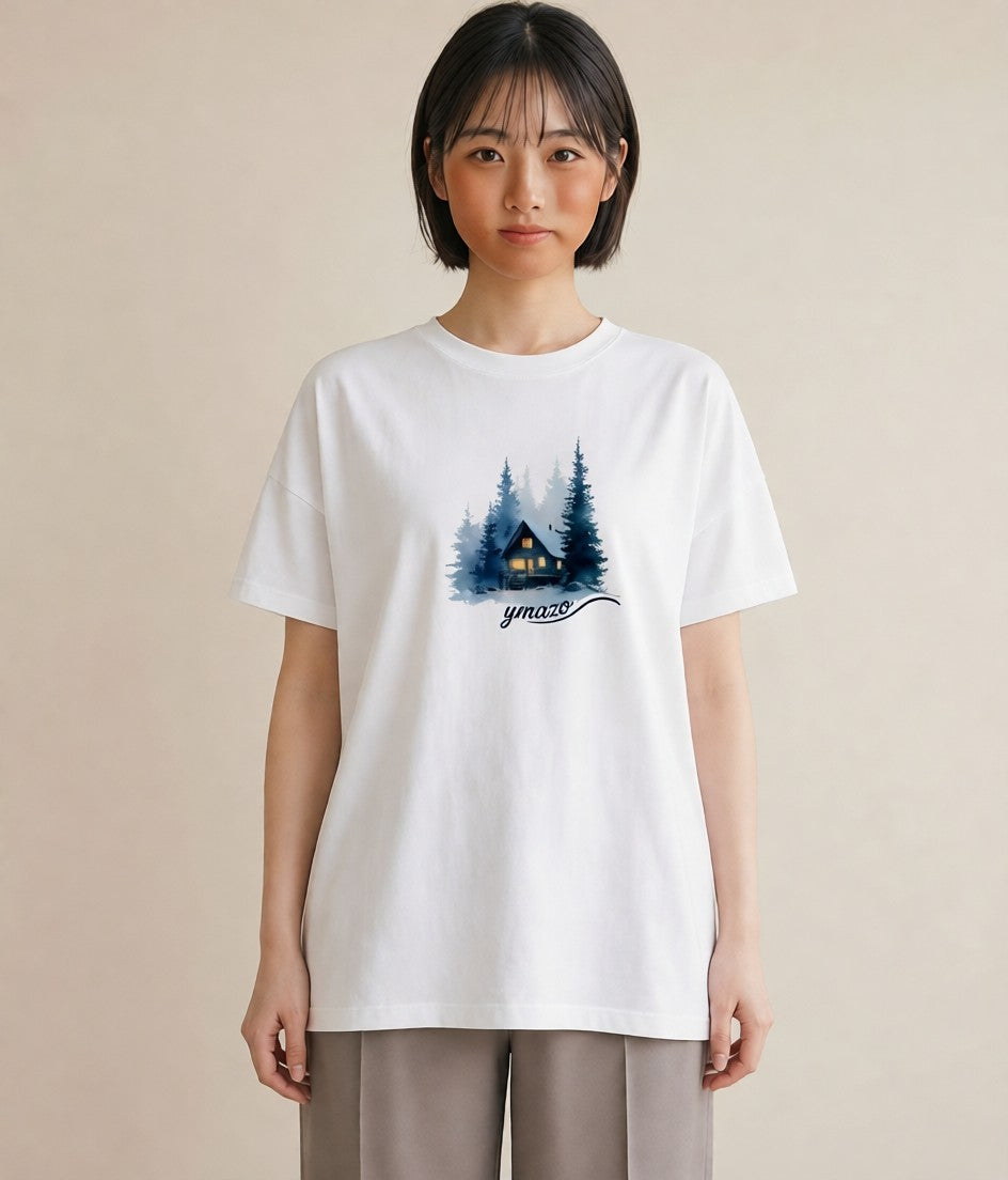 プリントTシャツ レディース 湖畔の小屋 湖 小屋 ナチュラル アンティーク イラスト 線画 ペアコーデ 秋コーデ 白T