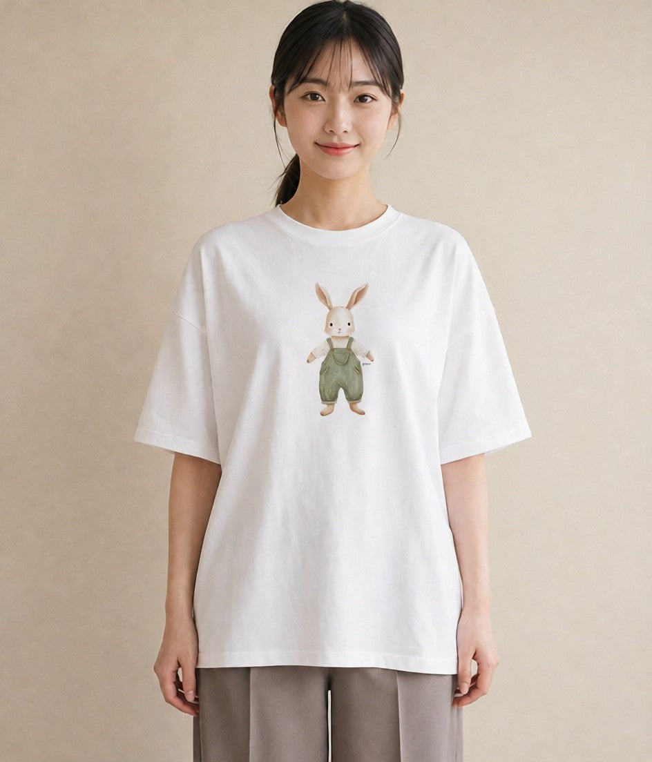 グラフィックTシャツ レディース ミニうさぎ ペット 動物 イラスト 手描き風 ビーチ デイリーウェア 白T
