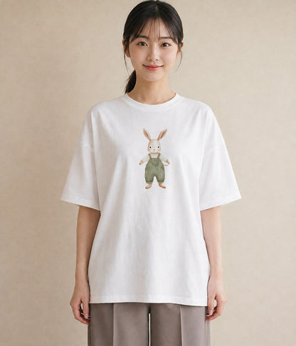 グラフィックTシャツ レディース ミニうさぎ ペット 動物 イラスト 手描き風 ビーチ デイリーウェア 白T