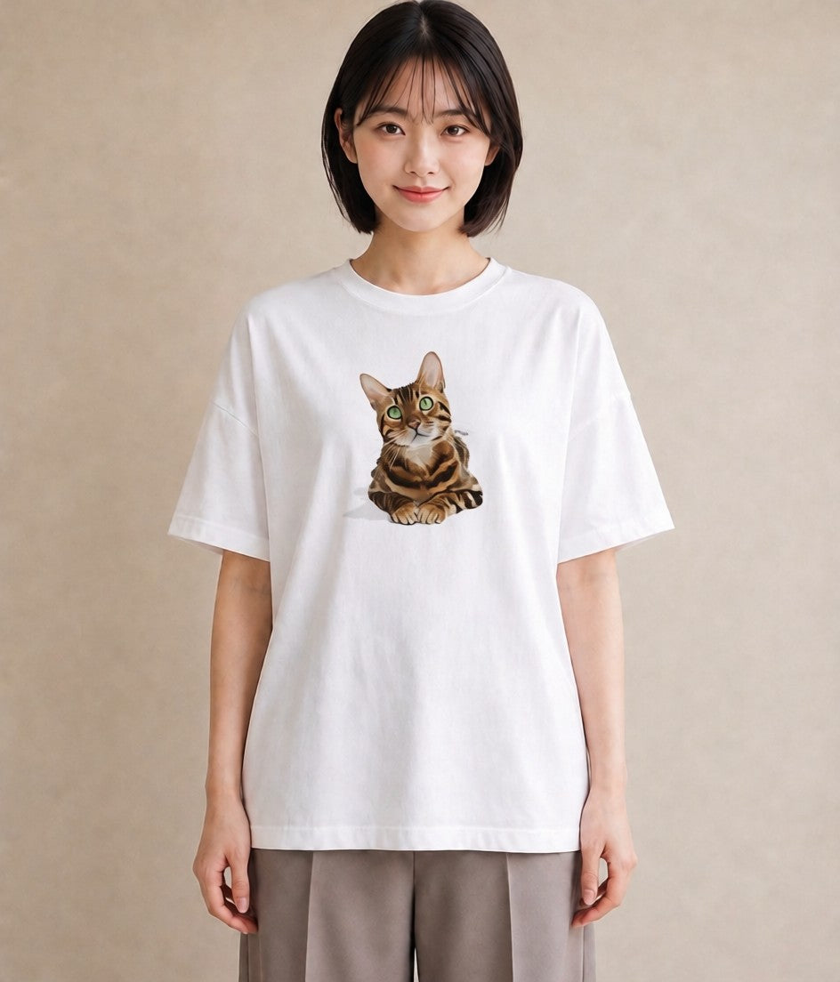 グラフィックTシャツ レディース 茶トラ 茶猫 猫 ねこ イラスト 普段使い 買い物 夏コーデ 白T