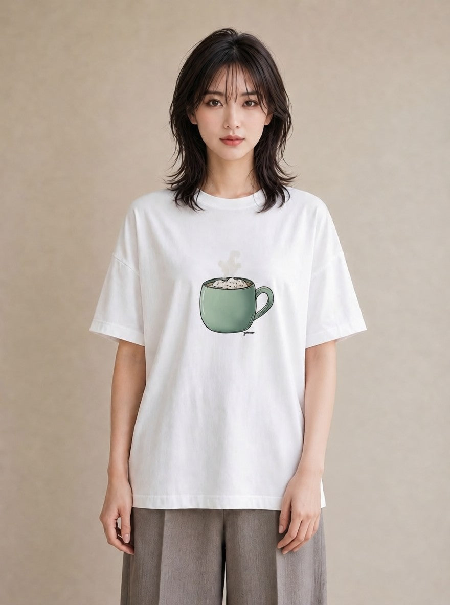 半袖Tシャツ レディース カフェラテ 食べ物 フード イラスト きれいめ 春服 ミセス 白T