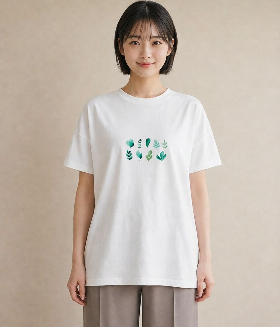 Tシャツ レディース 新緑 植物 ボタニカル イラスト 可愛い ミセス 春コーデ 白T