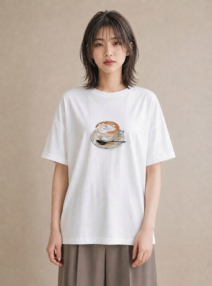 半袖Tシャツ レディース コーヒー 珈琲 カフェ 食べ物 フード イラスト ヴィンテージ風 週末コーデ 敬老の日 白T