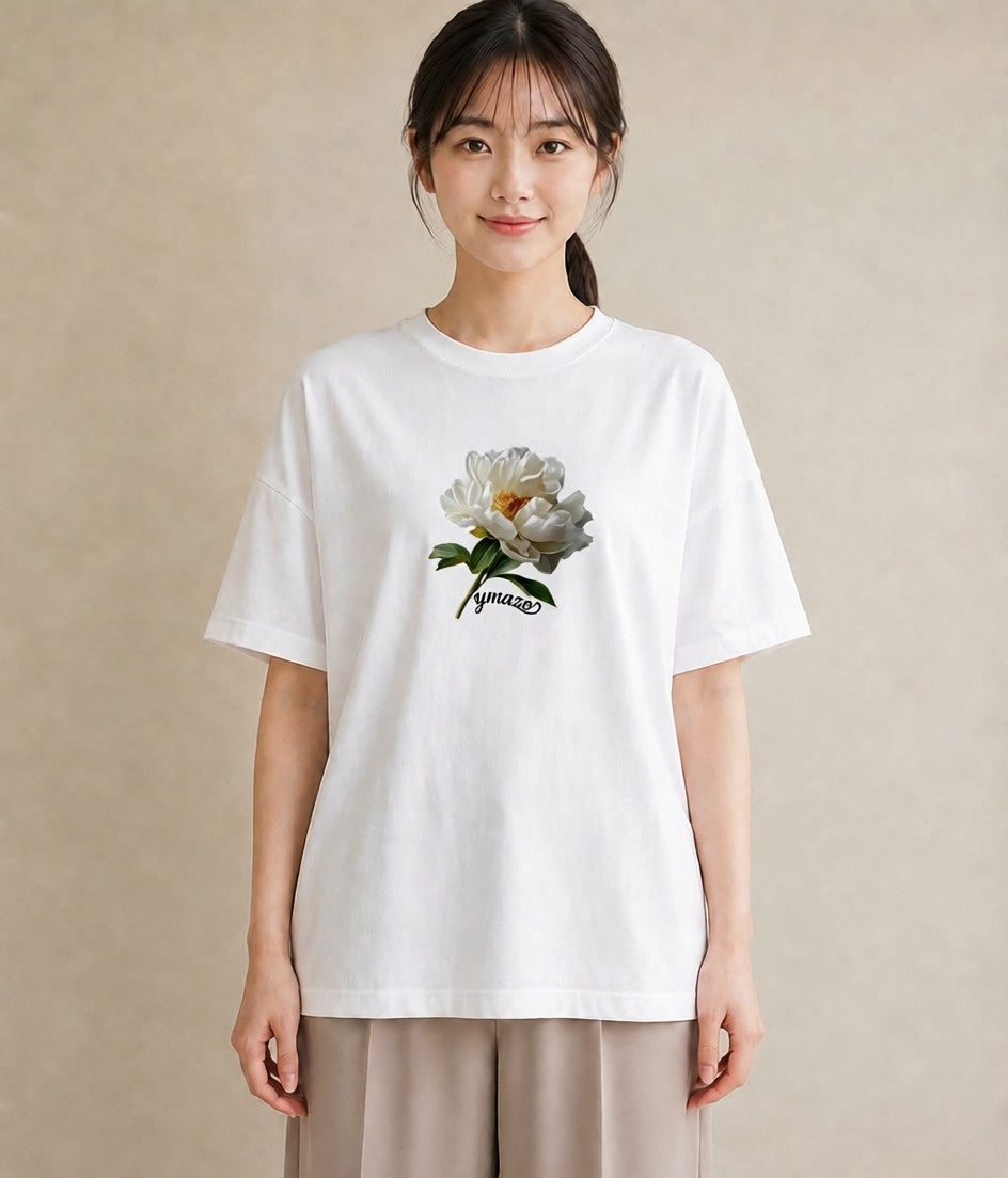 半袖Tシャツ レディース 牡丹 花 花柄 イラスト きれいめカジュアル 旅行用 海 白T