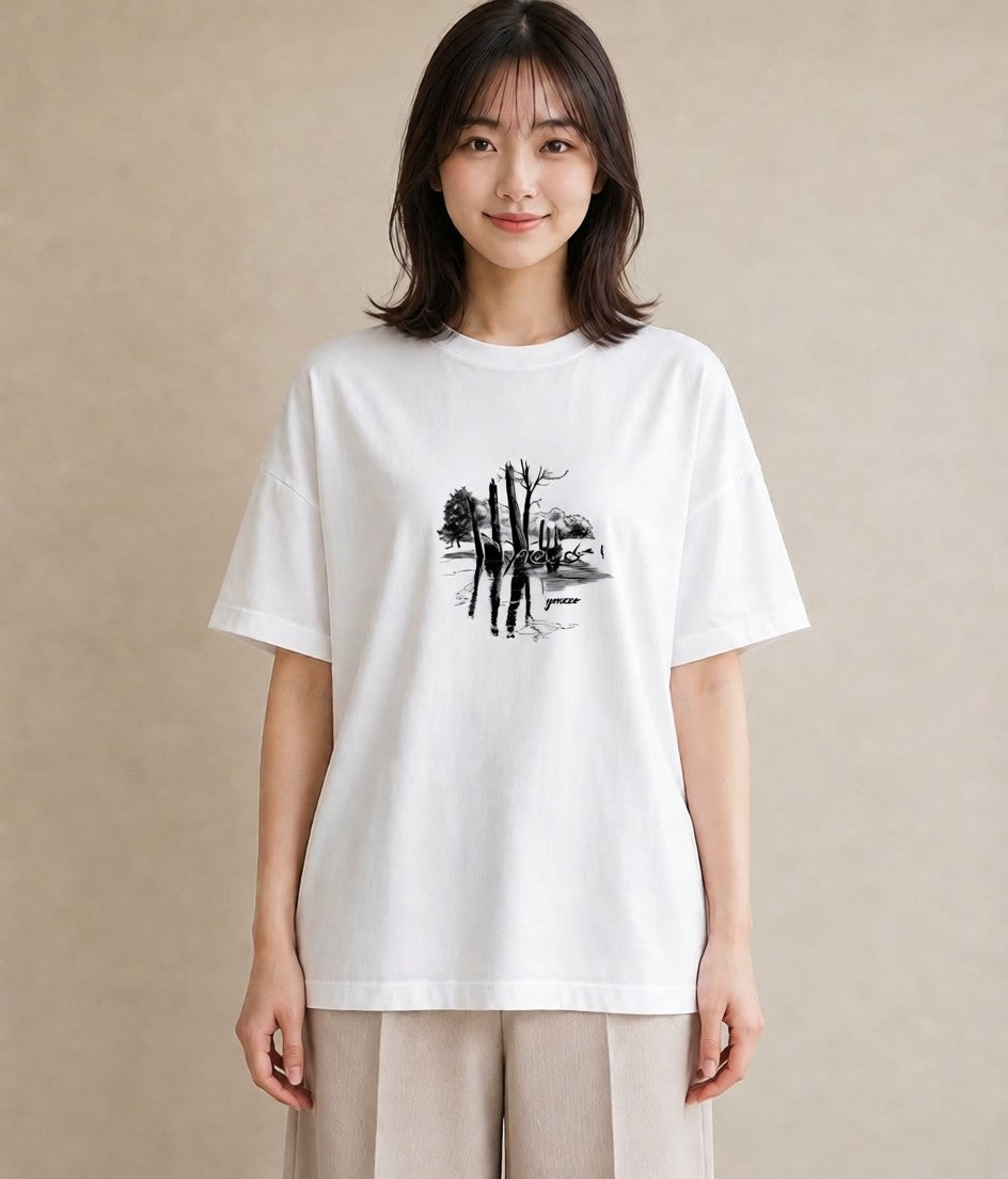 半袖Tシャツ レディース 小川 橋 せせらぎ ナチュラル アンティーク イラスト きれいめカジュアル 海 カフェ巡り 白T