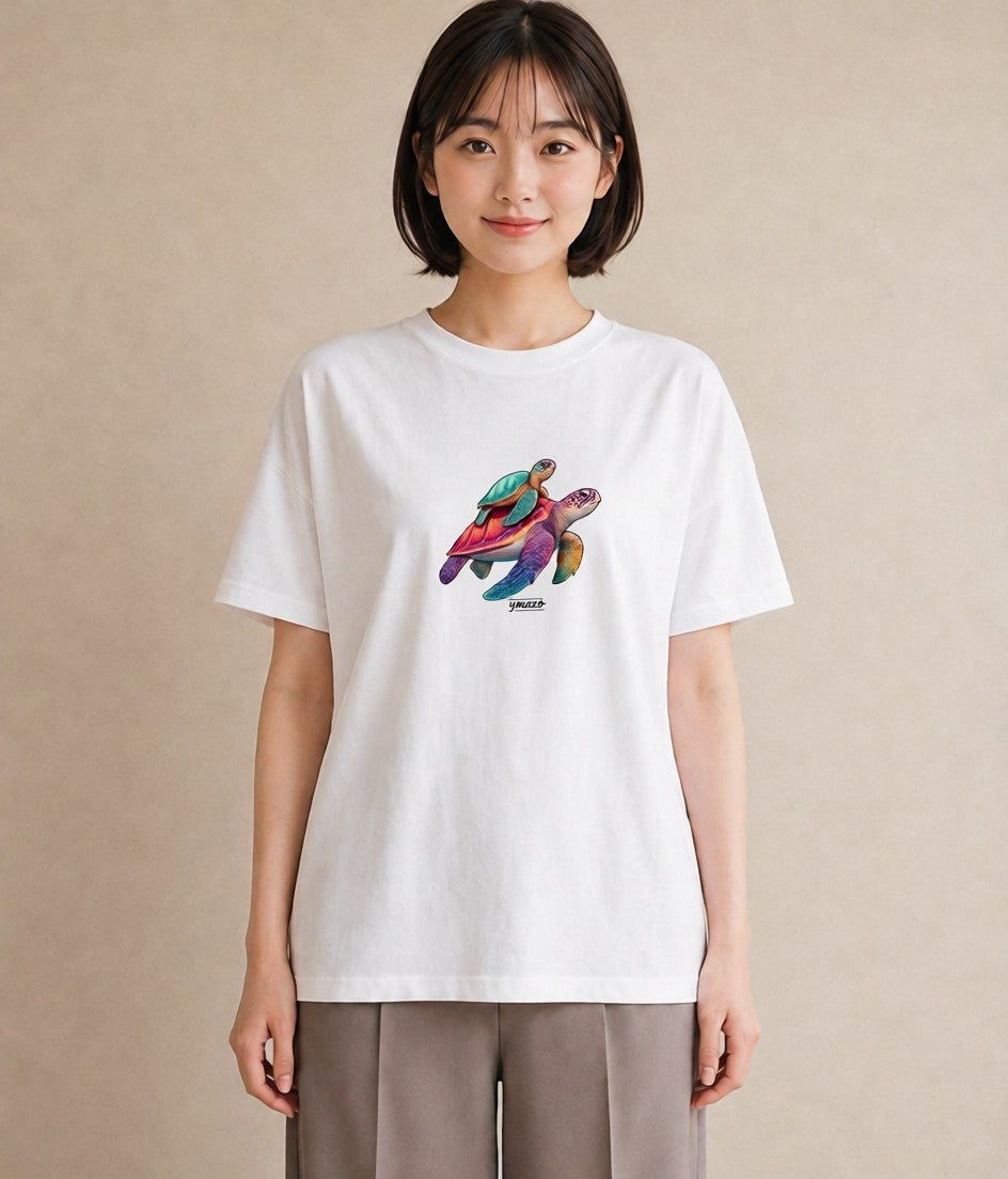 半袖Tシャツ レディース カメ ペット 動物 イラスト シンプル 春服 ミセス 白T