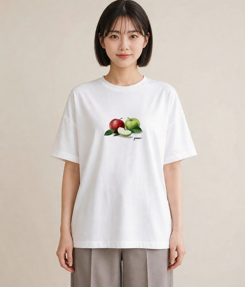 半袖Tシャツ レディース りんご 林檎 アップル 食べ物 フード イラスト 通学 誕生日プレゼント 白T
