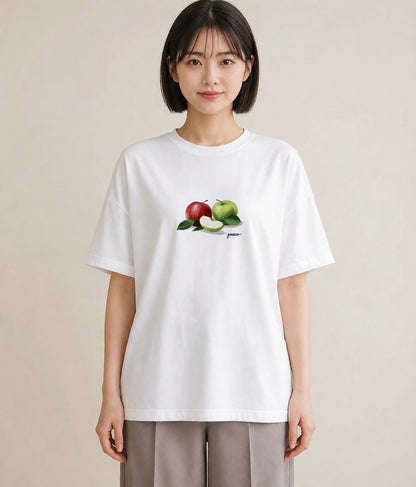 半袖Tシャツ レディース りんご 林檎 アップル 食べ物 フード イラスト 通学 誕生日プレゼント 白T