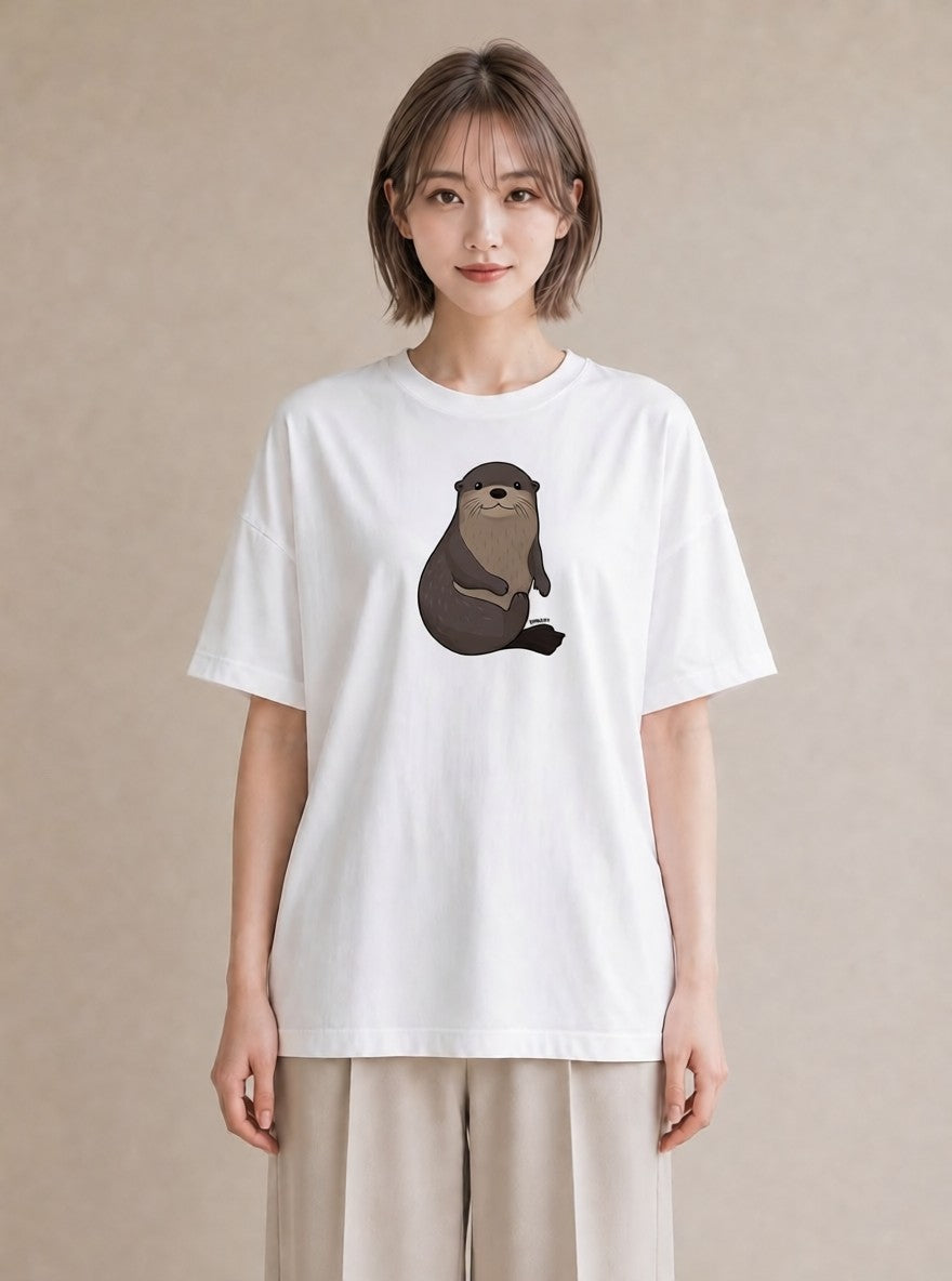 プリントTシャツ レディース カワウソ 動物 アニマル イラスト フェミニン 綿100 デート 白T