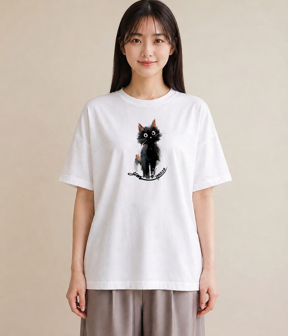 Tシャツ レディース ハチワレ 白黒猫 猫 ねこ イラスト きれいめカジュアル 帰省 ラフ 白T
