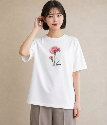 プリントTシャツ レディース カーネーション 花 花柄 イラスト きれいめ 春服 ミセス 白T