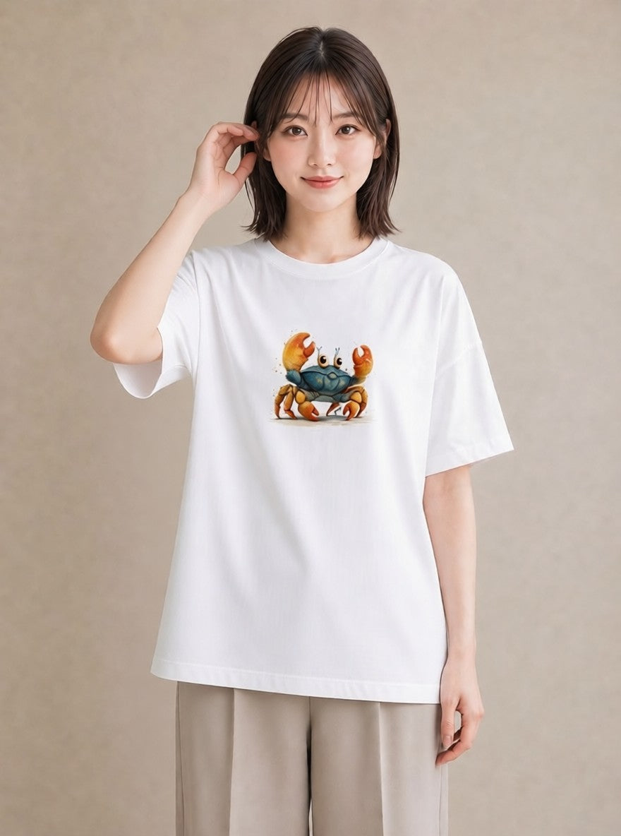 半袖Tシャツ レディース ヤドカリ 海の生き物 海 イラスト フェミニン ママ カフェ服 白T