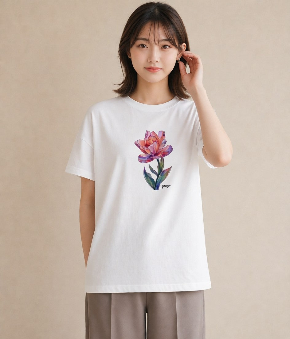 プリントTシャツ レディース チューリップ 花 花柄 イラスト ミニマル 部屋着 女性向けギフト 白T