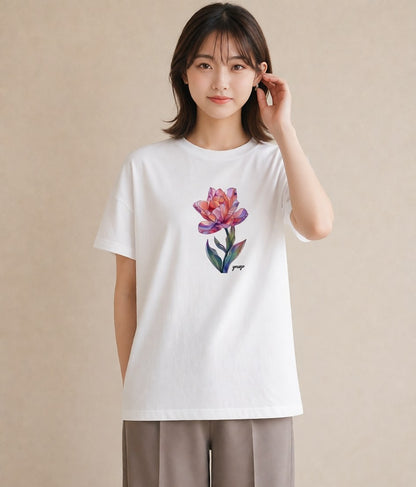 プリントTシャツ レディース チューリップ 花 花柄 イラスト ミニマル 部屋着 女性向けギフト 白T