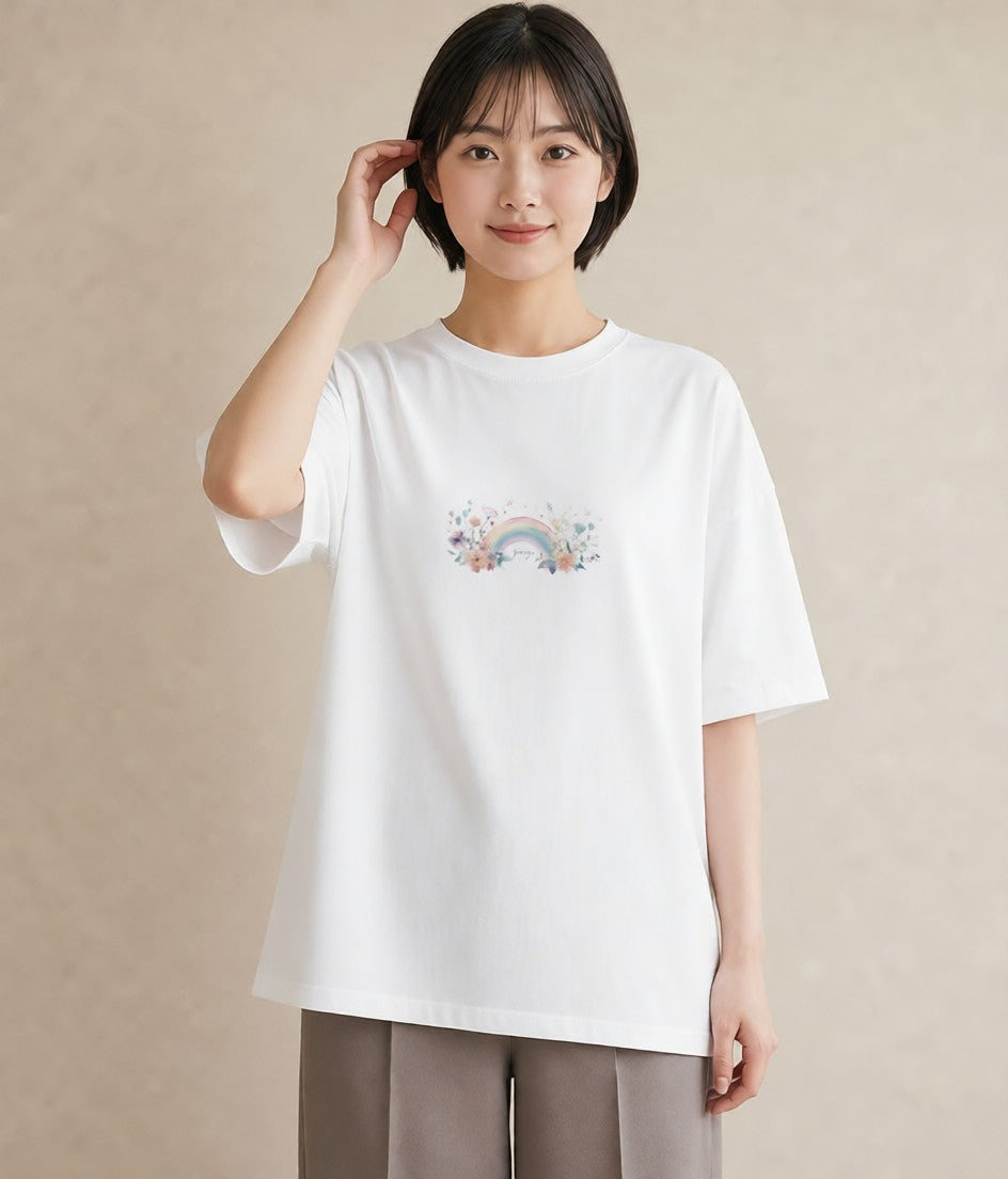 グラフィックTシャツ レディース 虹 星空 宇宙 イラスト デイリーウェア 休日 白T