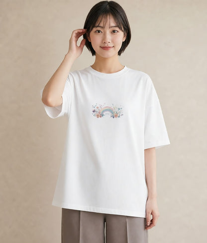 グラフィックTシャツ レディース 虹 星空 宇宙 イラスト デイリーウェア 休日 白T