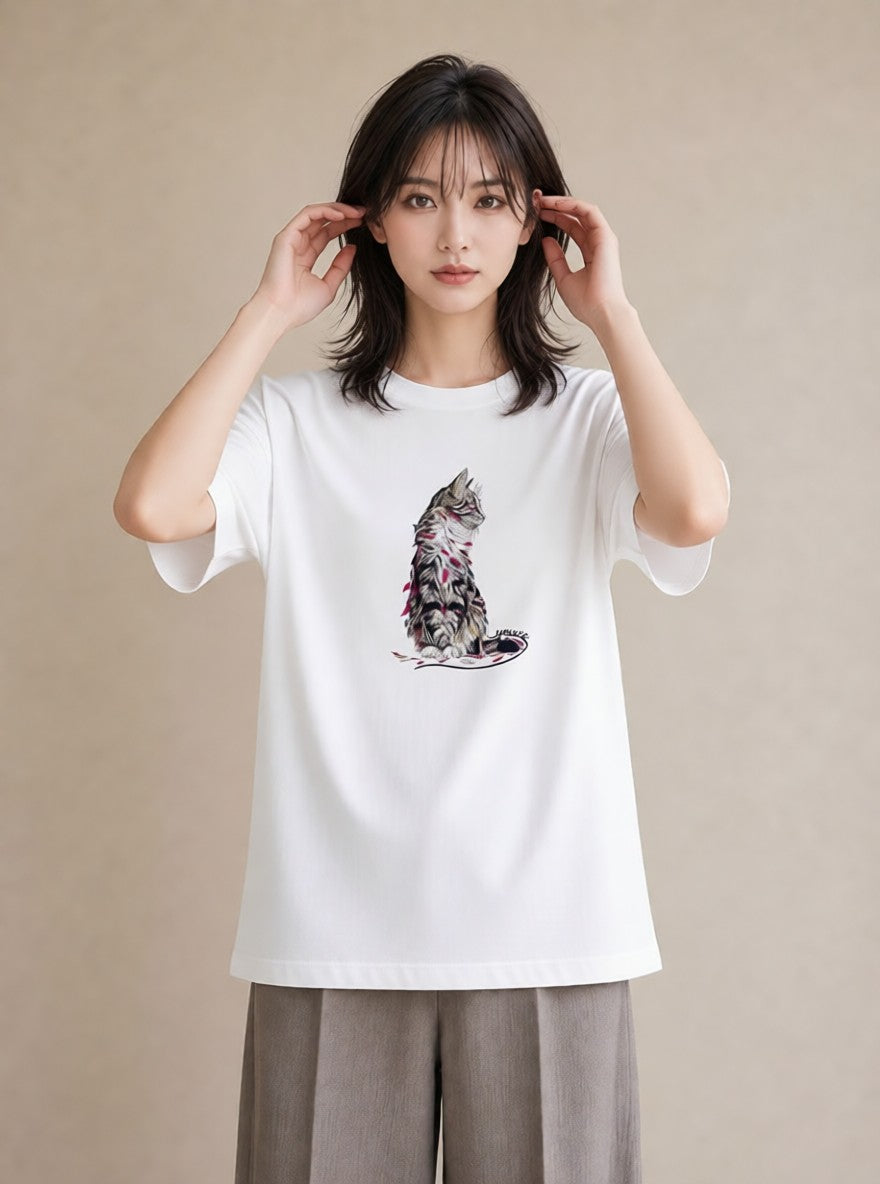 Tシャツ レディース メインクーン 猫 ねこ イラスト 可愛い 部屋着 女性向けギフト 白T