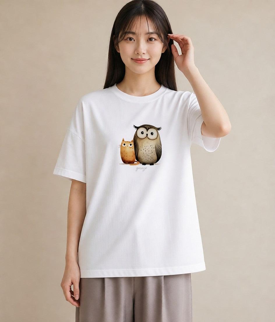 プリントTシャツ レディース シロフクロウ 動物 アニマル イラスト レトロ 姉妹 送別ギフト 白T