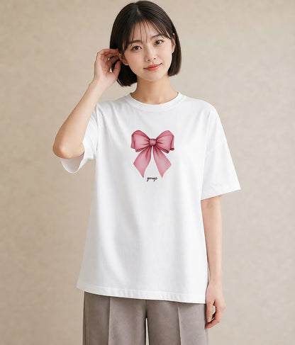グラフィックTシャツ レディース リボン 蝶結び ナチュラル アンティーク イラスト ラフ 通学 誕生日プレゼント 白T