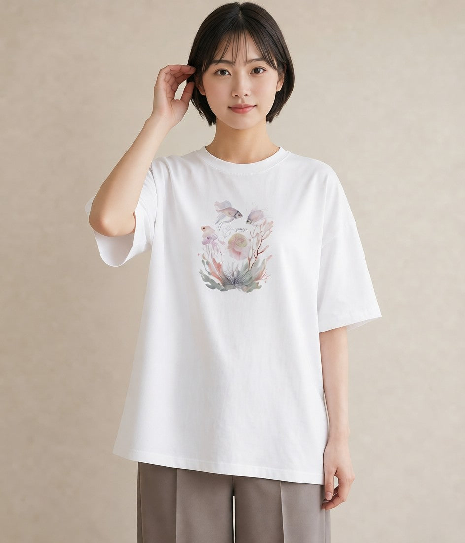 Tシャツ レディース くらげ クラゲ 海の生き物 海 イラスト こなれ感 週末コーデ 敬老の日 白T
