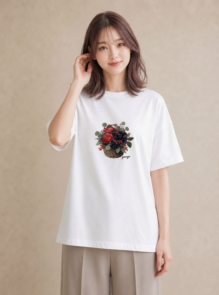 Tシャツ レディース 木の実 植物 ボタニカル イラスト ゆるかわ 誕生日プレゼント 綿100 白T