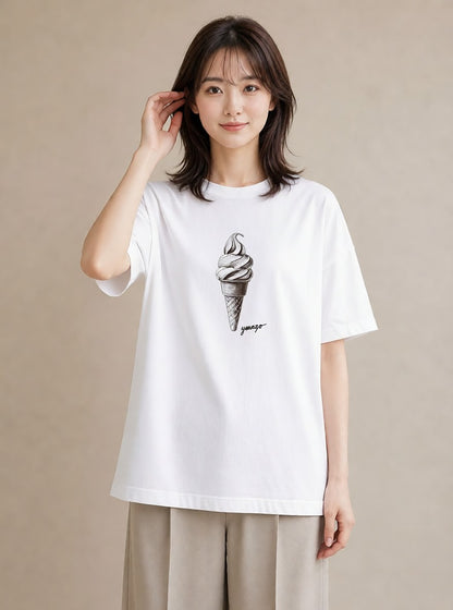 Tシャツ レディース ソフトクリーム 食べ物 フード イラスト カジュアル 公園 ママ 白T