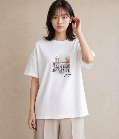 グラフィックTシャツ レディース 夕暮れ バルコニー 夕焼け ナチュラル アンティーク イラスト 上品 女子会 お揃い 白T