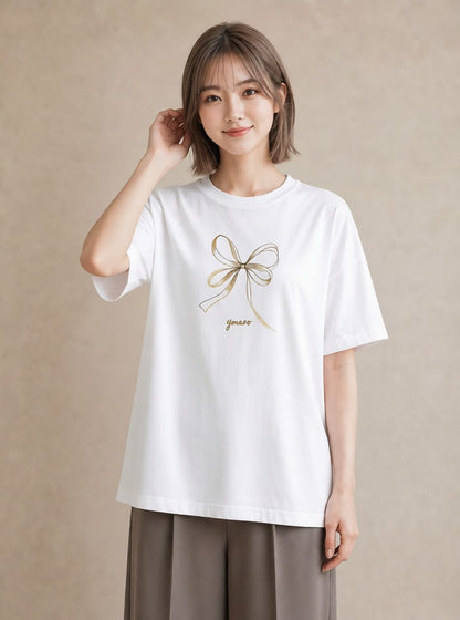 プリントTシャツ レディース リボン ボウ りぼん イラスト 旅行コーデ 女子会 お揃い 白T