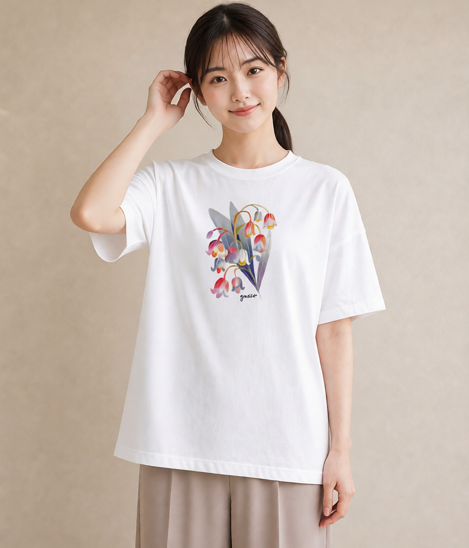 Tシャツ レディース すずらん 花 花柄 イラスト 線画 カフェ服 クリスマス 白T