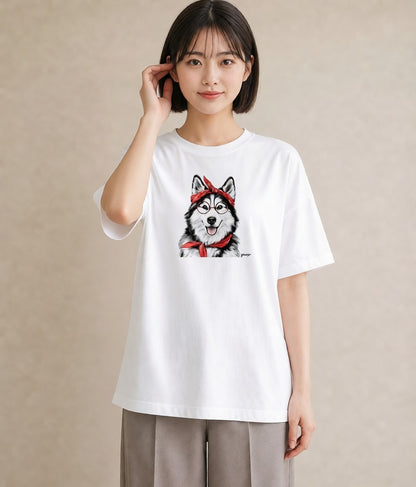 半袖Tシャツ レディース シベリアンハスキー 犬 いぬ イラスト ミニマル 女性向けギフト 散歩 白T