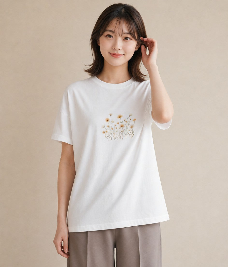 半袖Tシャツ レディース デイジー 花 花柄 イラスト ラフ レイヤード 白T