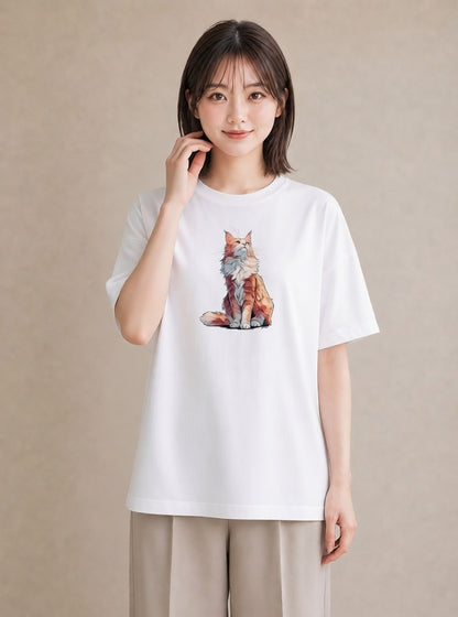 半袖Tシャツ レディース メインクーン 猫 ねこ イラスト ナチュラル 自分用 ルームウェア 白T
