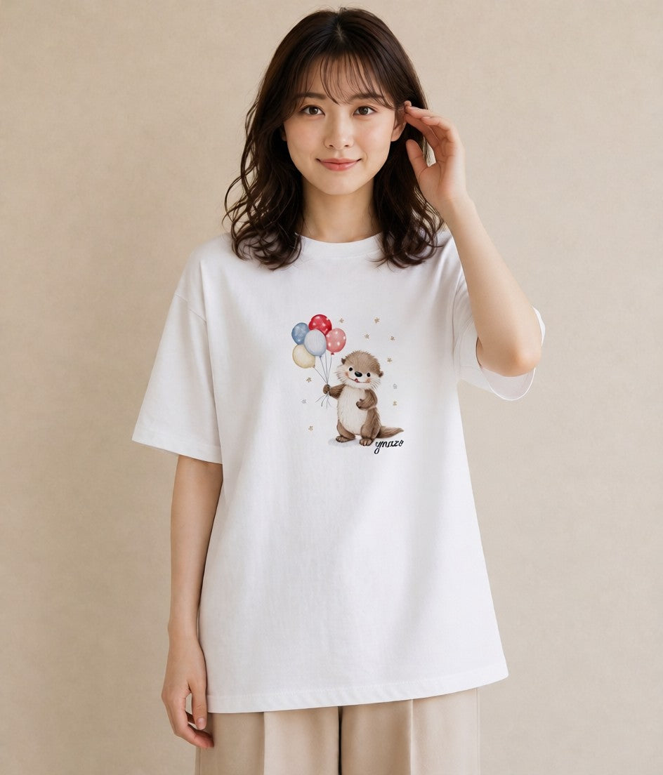 デザインTシャツ レディース ラッコ 動物 アニマル イラスト 線画 買い物 夏コーデ 白T