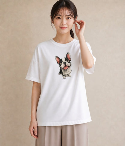 プリントTシャツ レディース フレンチブルドッグ フレブル 犬 いぬ イラスト 上品 ラフ レイヤード 白T
