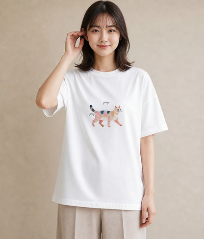 Tシャツ レディース 猫 ねこ イラスト カフェコーデ 女性 旅行用 白T