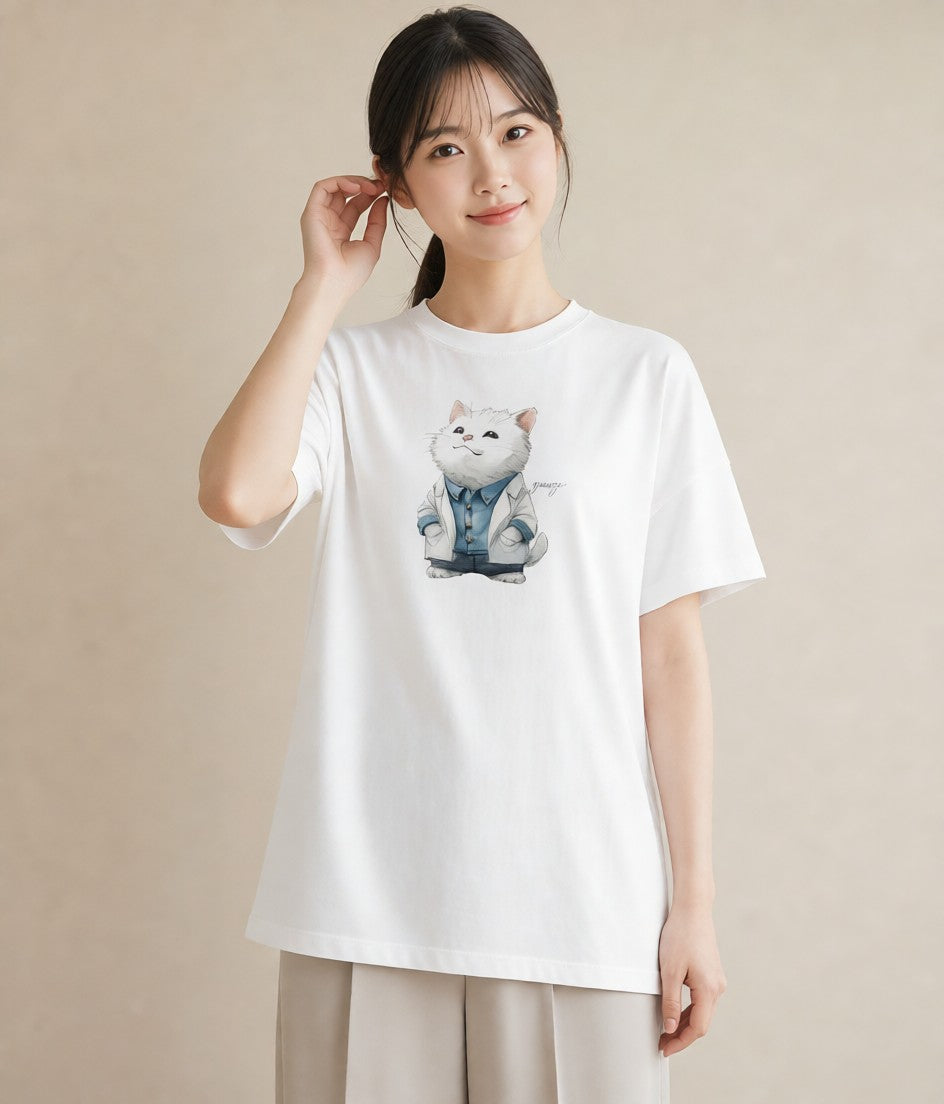 グラフィックTシャツ レディース サバトラ 猫 ねこ イラスト フェミニン デイリーウェア 休日 白T