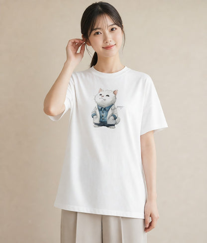 グラフィックTシャツ レディース サバトラ 猫 ねこ イラスト フェミニン デイリーウェア 休日 白T