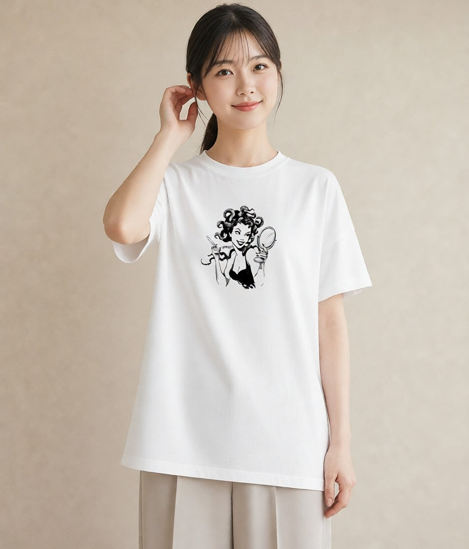 Tシャツ レディース 手鏡 アンティーク レトロ ナチュラル イラスト 北欧風 帰省 ラフ 白T