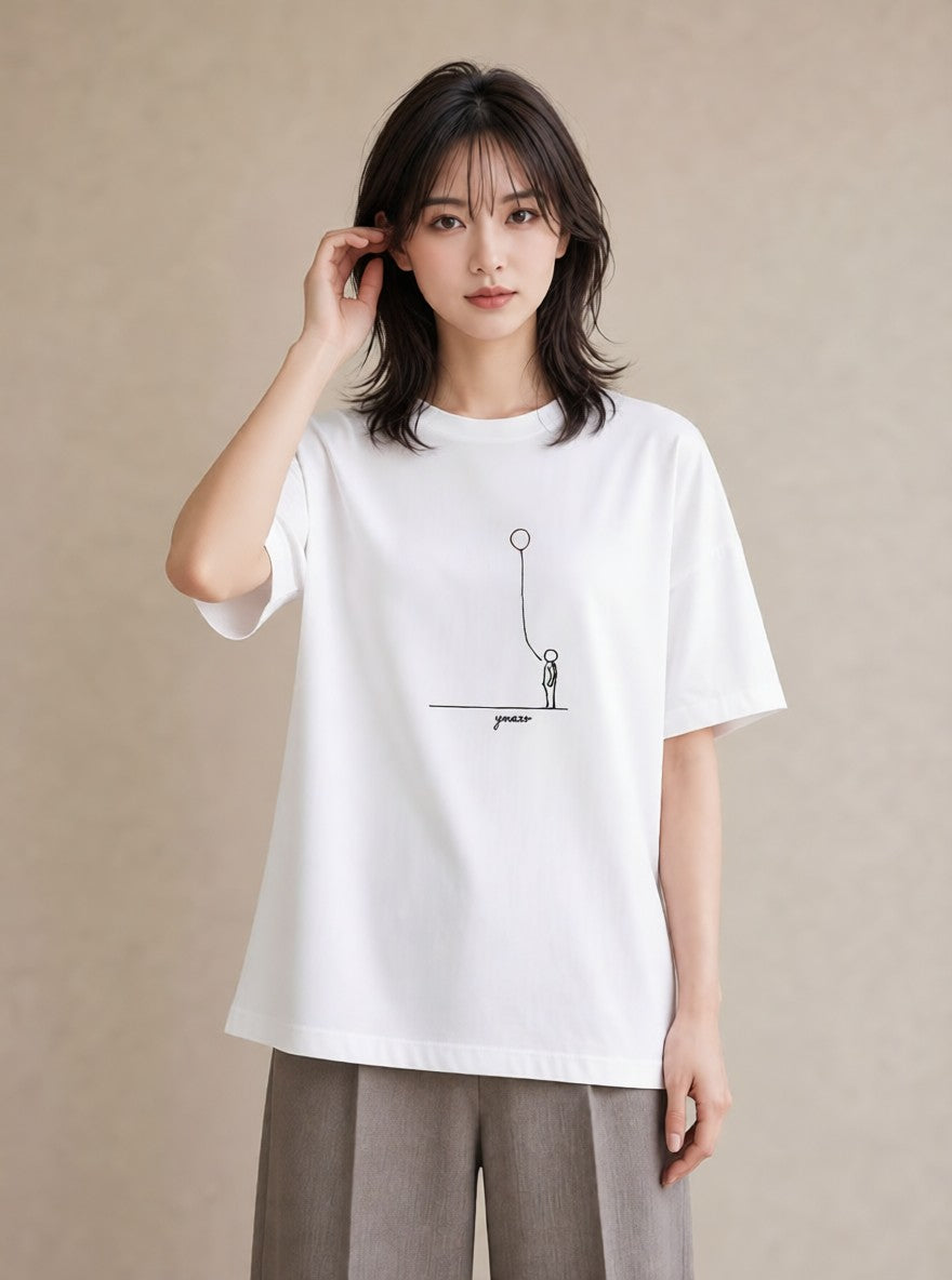 デザインTシャツ レディース 紙風船 和紙 ナチュラル アンティーク イラスト 韓国風 ラフ レイヤード 白T