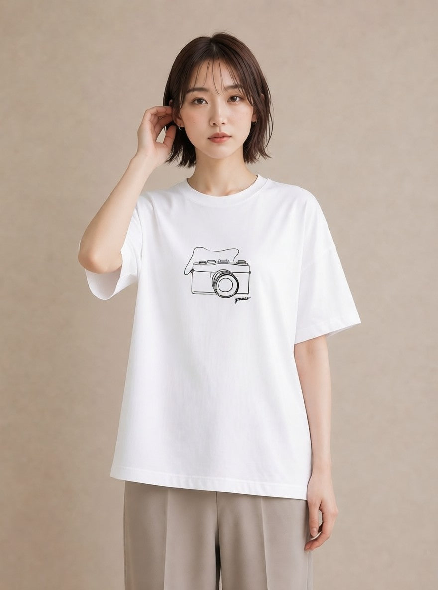 グラフィックTシャツ レディース カメラ フィルムカメラ レトロカメラ イラスト 誕生日プレゼント 綿100 白T
