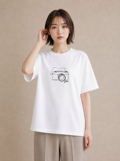 グラフィックTシャツ レディース カメラ フィルムカメラ レトロカメラ イラスト 誕生日プレゼント 綿100 白T