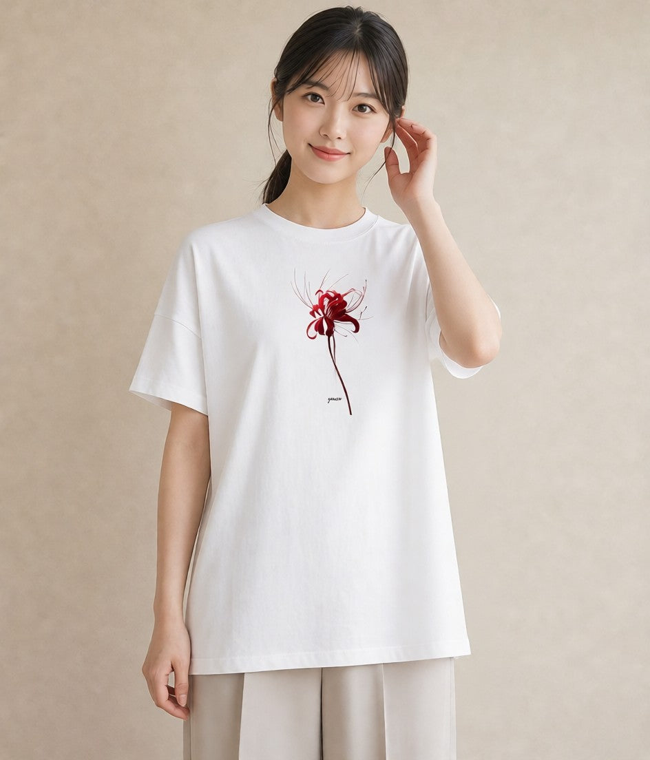 半袖Tシャツ レディース 彼岸花 花 花柄 イラスト カフェコーデ 綿100 デート 白T