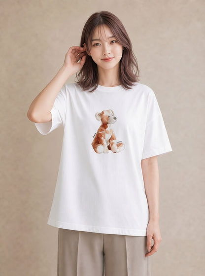 Tシャツ レディース わんちゃん 犬 いぬ イラスト 上品 普段着 週末コーデ 白T