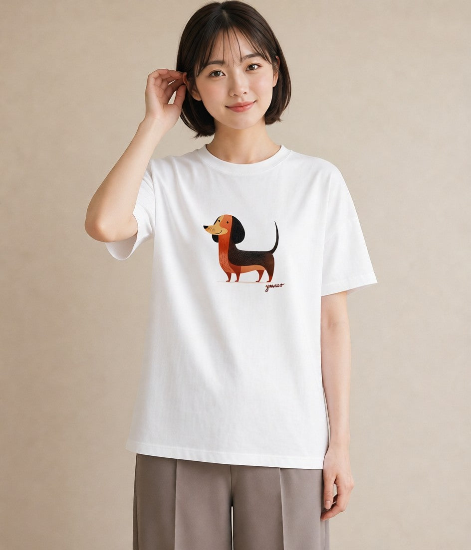 グラフィックTシャツ レディース ミニチュアダックスフンド 犬 いぬ イラスト シック カフェ巡り 女子会 白T