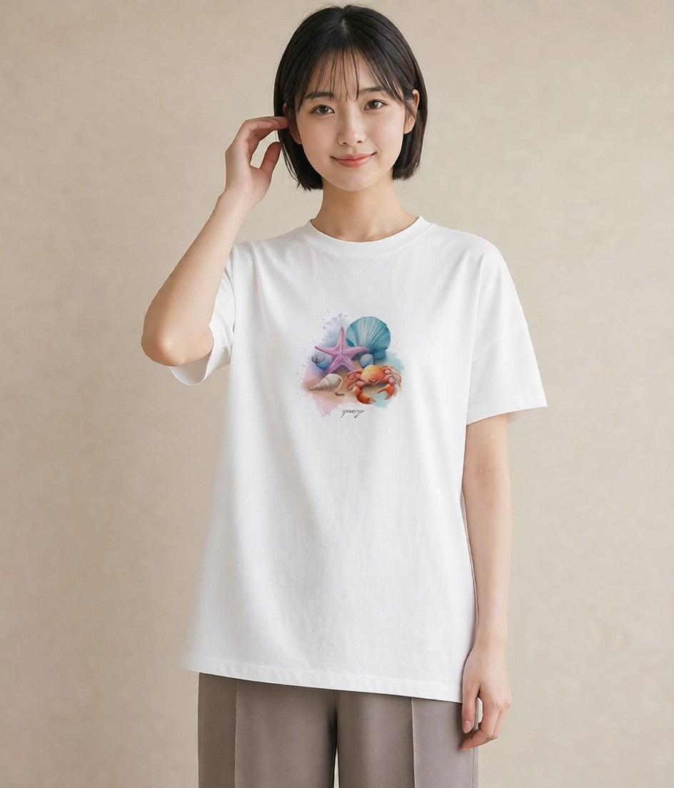 Tシャツ レディース ヒトデ 海の生き物 海 イラスト 旅行コーデ 普段着 週末コーデ 白T